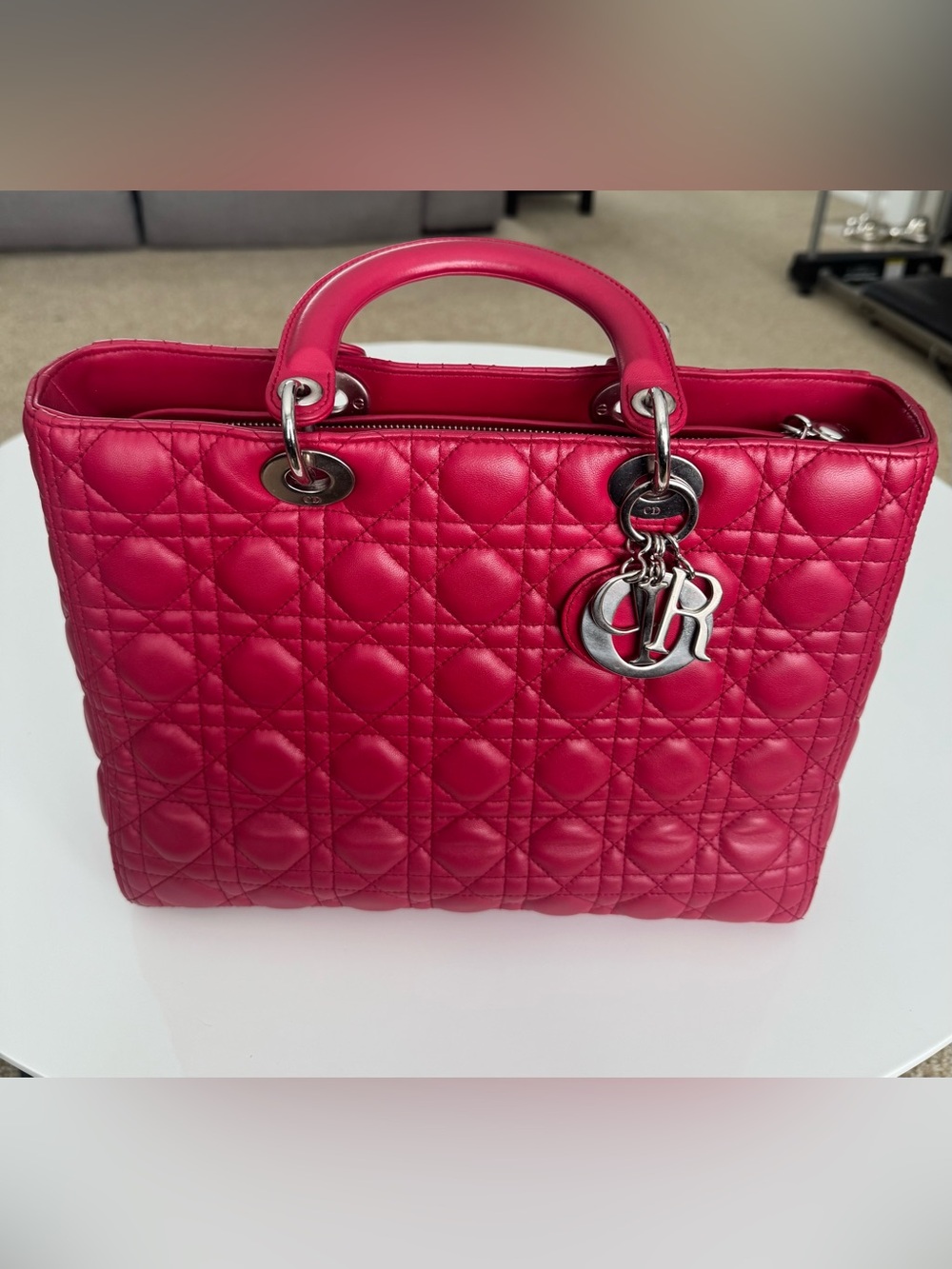 Lady Dior in Quilted Raspberry colored Leather Top-Handle Satchel with Strap